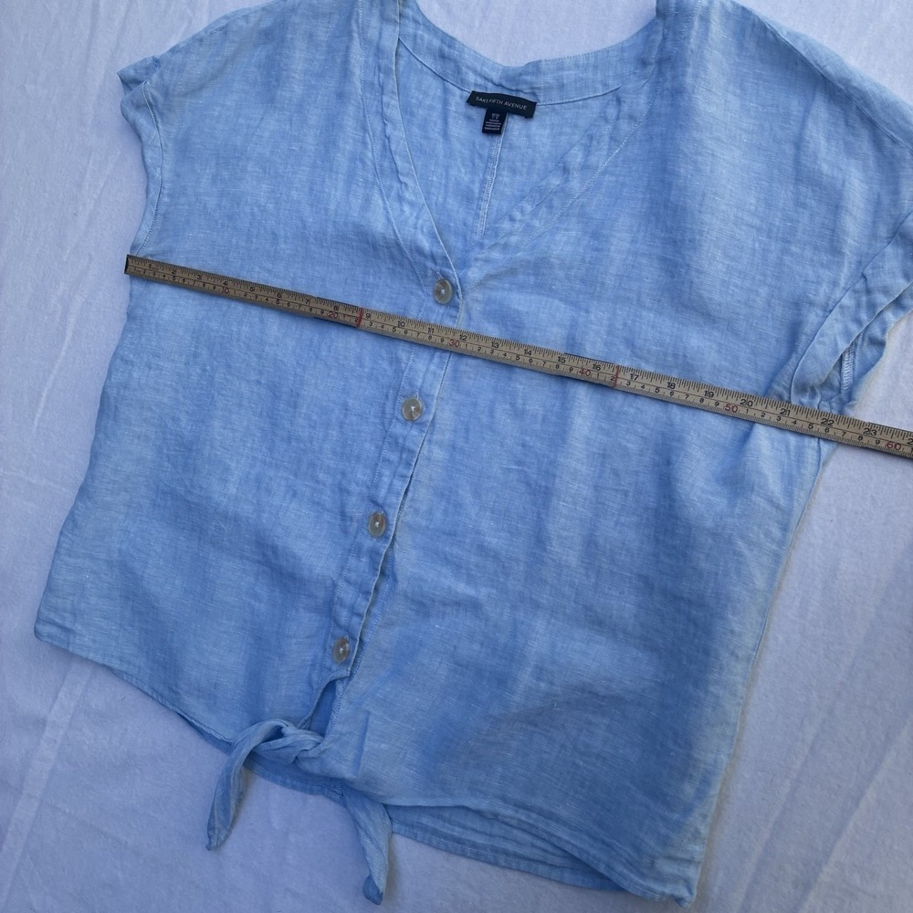 Saks 5th Avenue 100% Linen Top Button Front Short Sleeve Womens Large Light Blue - Picture 6 of 6